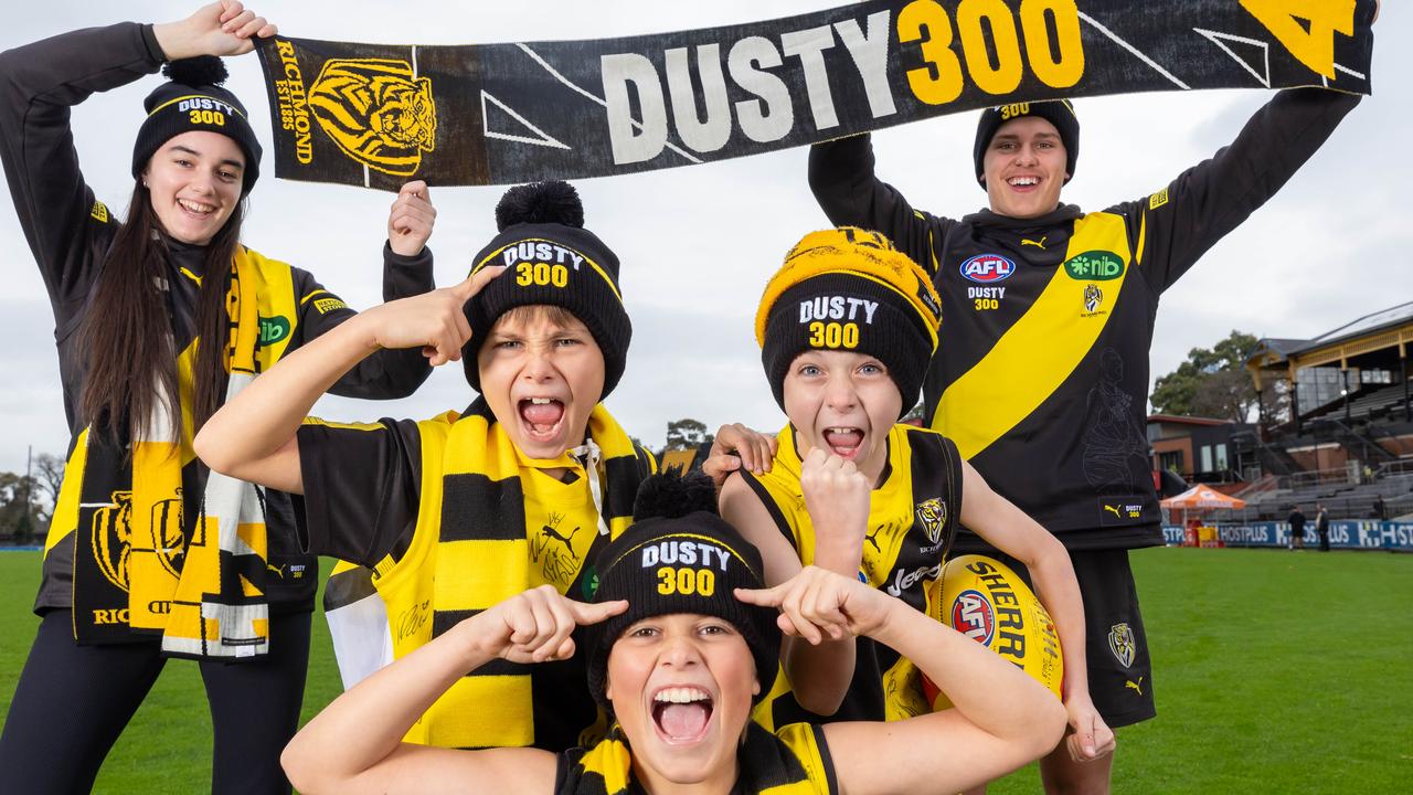 Kate Montgomery and Nathaniel Lowe with Charlie, 9, Alfie, 11 and Jack, 8 ahead of Dusty’s 300th game. Picture: Jason Edwards