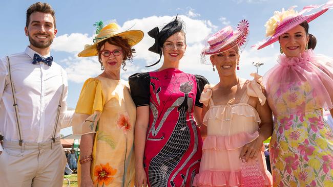 Tomato Gaetan, Marcia Russell, Mietta Russell, Alanna Oppermann and Trudy Bryer at the 2023 Darwin Cup. Picture: Pema Tamang Pakhrin