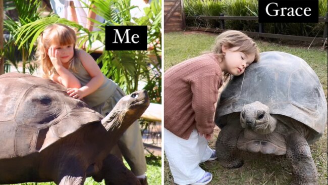 Bindi Irwin as a child, and Grace with a tortoise. Source: Instagram.