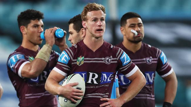 Daly Cherry-Evans and Manly players look on during their loss to the Bulldogs. Picture. Phil Hillyard