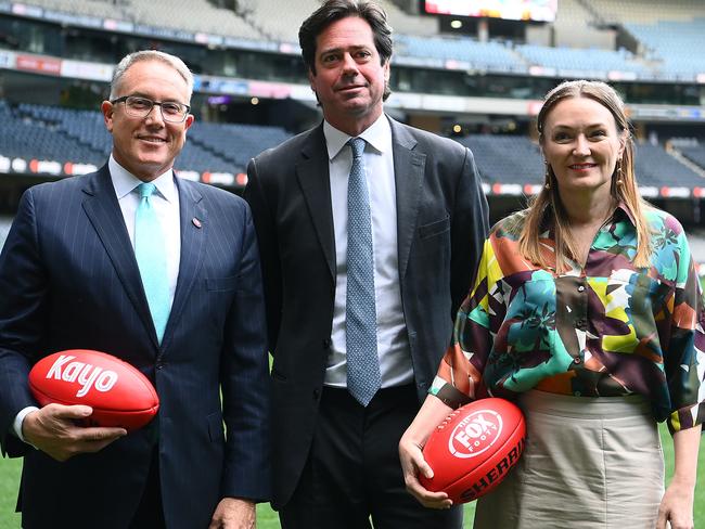 Delany, McLachlan and Foxtel Group chair Siobhan McKenna at Marvel Stadium. Picture: Getty Images