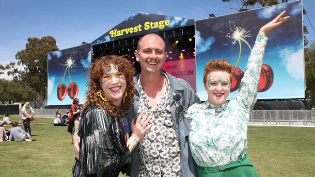 Interstate music fans including Emily Hughes (30) Brisbane, Tom Polson (30) Brisbane, Melody (32) Brisbane at Harvest Rock II, last year. Picture: Emma Brasier