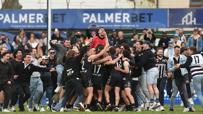 Port District players and fans celebrate their win after the siren. Picture: Tricia Watkinson