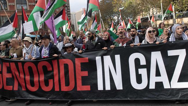 Thousands of protesters march through Sydney to the University of Sydney Gaza solidarity encampment on the Quad lawns for the Hands off Rafah demonstration. Picture: NCA NewsWire / Jeremy Piper