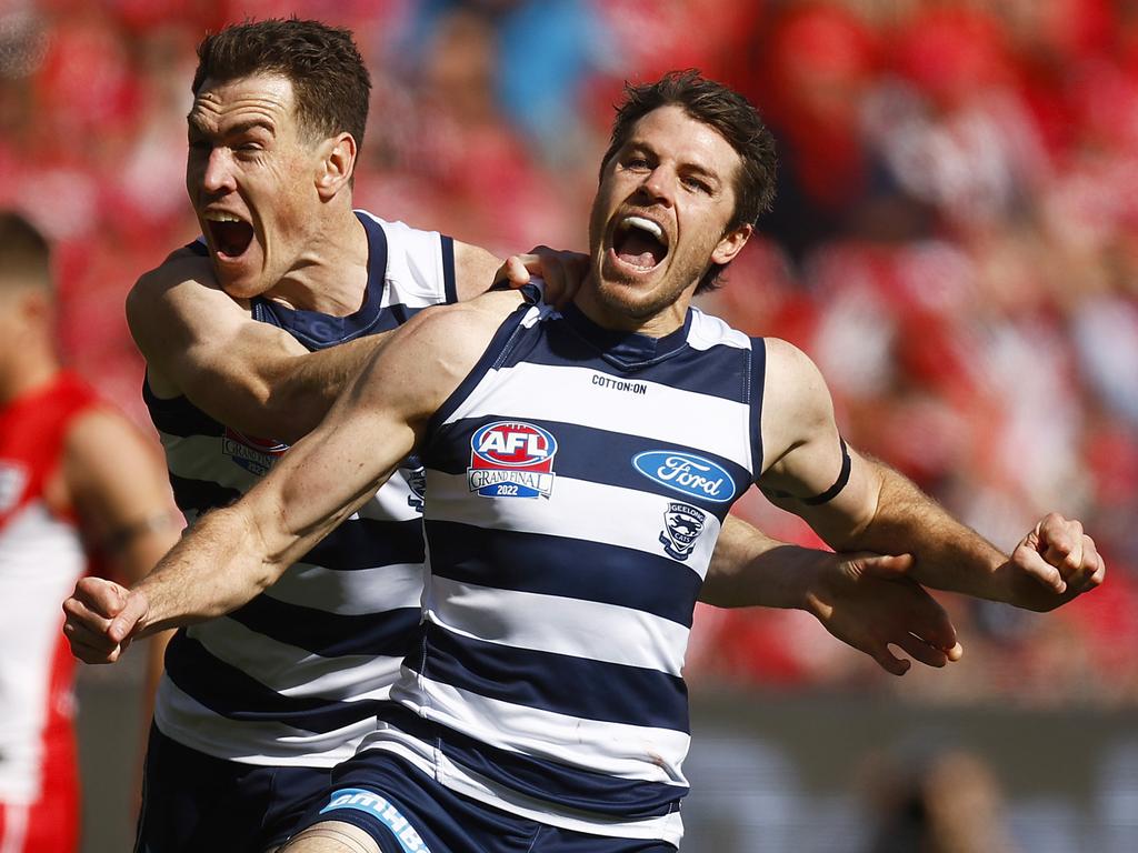 Jeremy Cameron and Isaac Smith celebrate a goal. Picture: AFL Photos/Getty Images