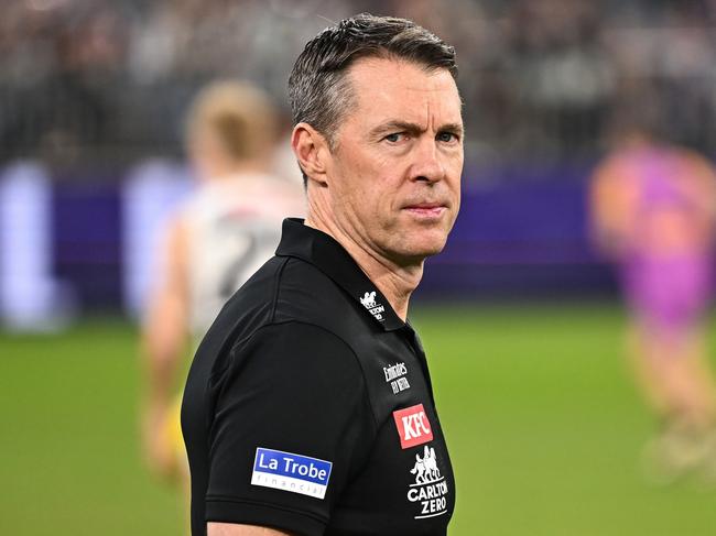PERTH, AUSTRALIA - MAY 24: Craig McRae, Senior Coach of the Magpies looks on during the 2024 AFL Round 11 match between Walyalup (Fremantle) and the Collingwood Magpies at Optus Stadium on May 24, 2024 in Perth, Australia. (Photo by Daniel Carson/AFL Photos via Getty Images)