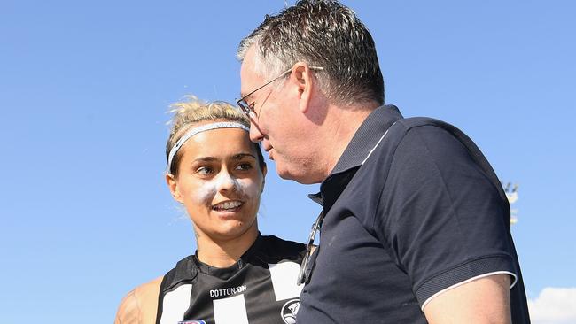 Moana Hope talks to Eddie McGuire after Collingwood’s AFLW win over Adelaide. Picture: Getty Images