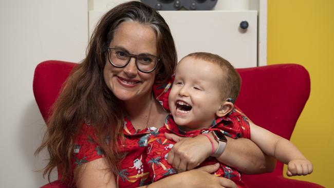 Mum Fiona Gould with her son Archie Innes, 3, wearing matching shirts and smiles at Bear Cottage, Manly. Picture / Monique Harmer