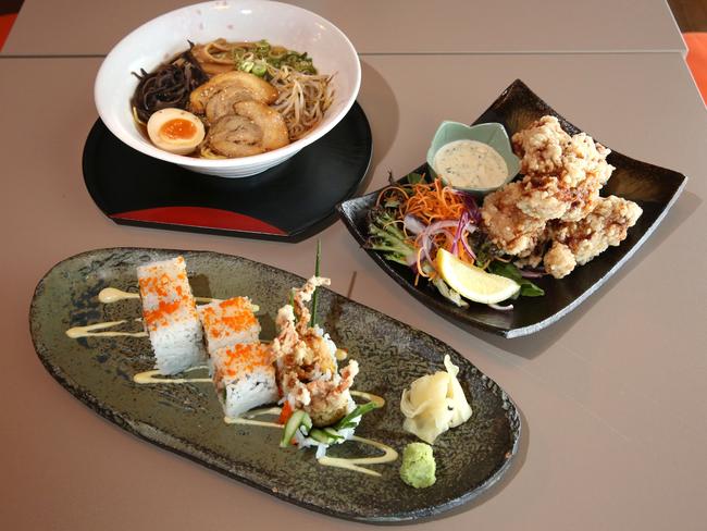 Dishes pictured are Torigara Soy Ramen, Chicken Karaage with home made tartare sauce and Spider Roll.