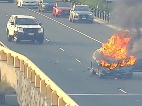 Car fire closes Peninsula Link to city bound traffic at Frankston-Dandenong Road. Picture: Facebook