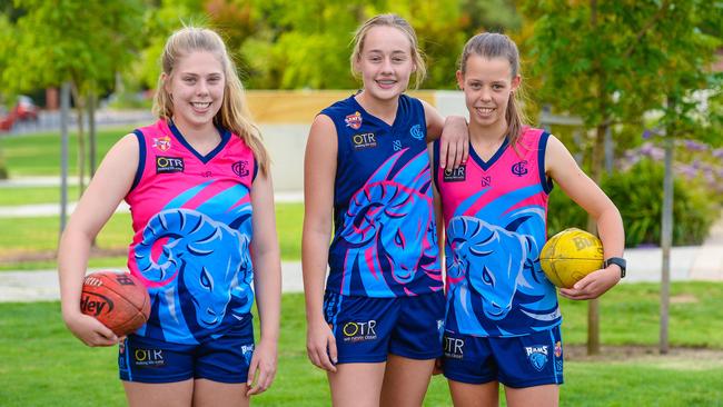 Glenunga Football Club will have seven female teams next year, with players including Lucy Anesbury, 15, Lucinda Daily, 14, and Scarlett Pickett, 14. Picture: AAP/Roy VanDerVegt