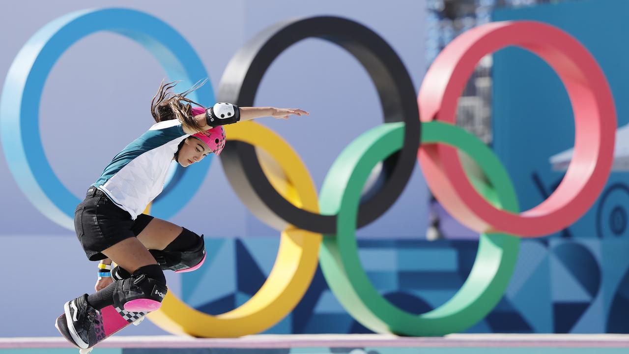 Arisa Trew skates in front of the Olympic rings. Picture: Michael Klein