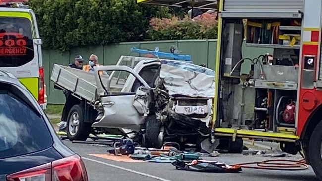 A police car has been involved in a serious head on collision with a ute. Picture: Brisbane Incident Alert