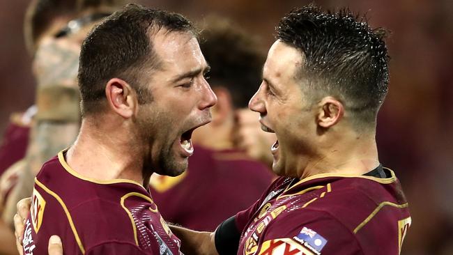 Cameron Smith celebrates Origin victory with Cooper Cronk.