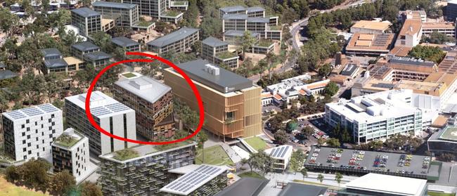 A view of the Flinders Uni and hospital campus, with the proposed HealthCARE building (circled) beside the new Health, Medical and Research Building (HMRB) to the right. Picture: Supplied