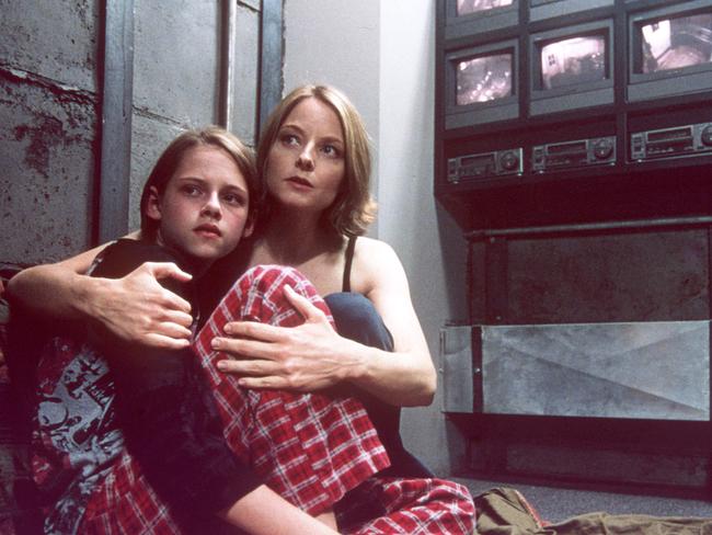 Actor Jodie Foster (right) with Kristen Stewart in scene from film Panic Room.