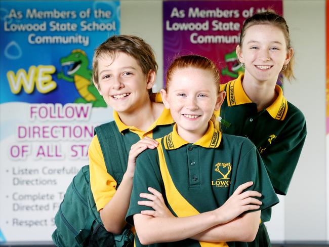 Ricky Finger, Shiloh Denman and Addison Higgins helped celebrate Lowood State Primary School’s NAPLAN improvements in 2020 – a performance built on even further. Picture: Steve Pohlner