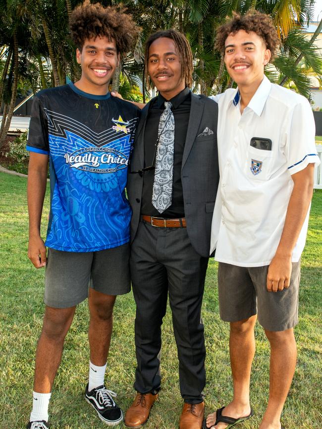 Jermaine Quakawoot, Emarson Youse and Tyrese Jones at the Carlisle Adventist College year 12 dinner at Mantra, Mackay Harbour.Picture: Michaela Harlow