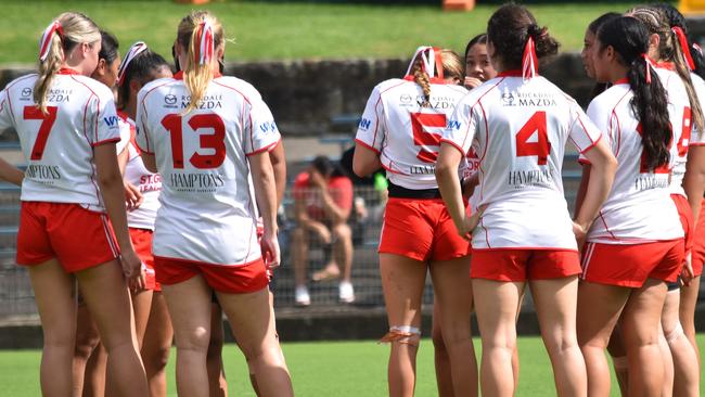 NSWRL Junior Reps, Lisa Fiaola Cup round three, Sydney Roosters vs St George Dragons at Henson Park, 17 February 2024. Dragons meet for a huddle. Picture: Sean Teuma.