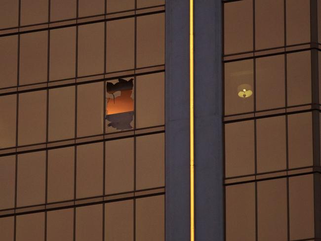 The window on the 32nd floor of the Mandalay Bay Resort and Casino where the gunman opened fire on a concert crowd in Las Vegas, Nevada. Picture: AFP