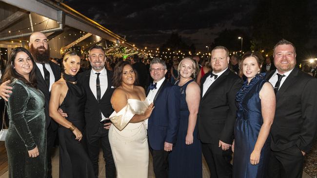 At LifeFlight Toowoomba Gala are (from left) Amy Murray, Byron Allsopp, Jenna Briskey, Dan Briskey, Jules O'Sullivan, Jerry O'Sullivan, Sharlene Nicholls, Christian Nicholls, Tanya Martin and Chris Martin at The Goods Shed. Picture: Kevin Farmer