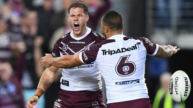 Corey Waddell of the Sea Eagles celebrates his try during the First Semi Final between the South Sydney Rabbitohs and the Manly Sea Eagles in week 2 of the NRL Finals Series at ANZ Stadium in Sydney, Friday, September 20, 2019. (AAP Image/Dean Lewins) NO ARCHIVING, EDITORIAL USE ONLY