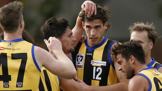 MELBOURNE, AUSTRALIA - MAY 12: Max King of Sandringham celebrates a goal during the round six VFL match between Collingwood and Sandringham at Victoria Park on May 12, 2019 in Melbourne, Australia. (Photo by Darrian Traynor/Getty Images)