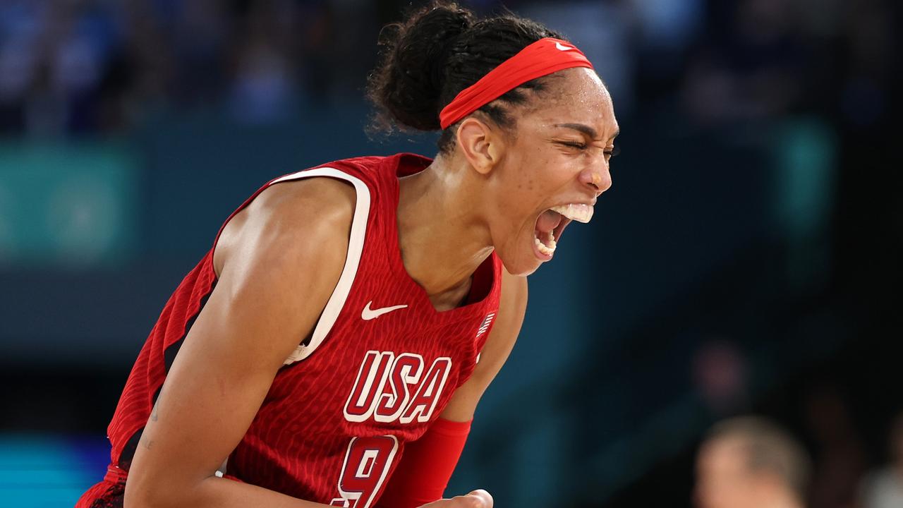 PARIS, FRANCE – AUGUST 11: A'Ja Wilson #9 of Team United States reacts after a basket during the Women's Gold Medal game between Team France and Team United States on day sixteen of the Olympic Games Paris 2024 at Bercy Arena on August 11, 2024 in Paris, France. (Photo by Gregory Shamus/Getty Images) *** BESTPIX ***