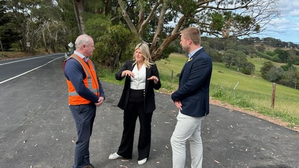 Senior RAA road traffic engineer Matt Vertudaches with Davenport MP Erin Thompson and Jake Parkinson from road builder Bardavcol at Main Rd, Cherry Gardens. Picture: Dept of Transport