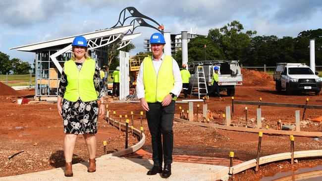 Minister Eva Lawler with Minister Paul Kirby at the Myilly Point playground construction. Picture: Katrina Bridgeford.