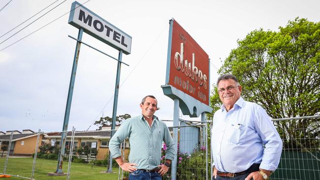 JBS assistant livestock manager southern Brendon Geary and Tatiara District Council Mayor Graham Excell outside the Dukes Motor Inn, Bordertown, which will house JBS abattoir staff. Picture: Tom Huntley