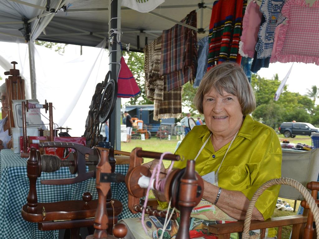 Judy Faulkner of the Valley Spinners spins wool into yarn at the ag show.Photo Lee Constable / Daily Mercury