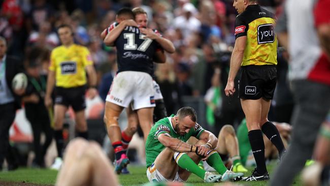 Canberra Raiders players dejected after losing to the Sydney Roosters in the 2019 NRL Grand Final at ANZ Stadium. Picture. Phil Hillyard