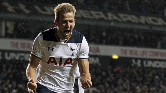 Tottenham Hotspur's English striker Harry Kane celebrates after scoring.