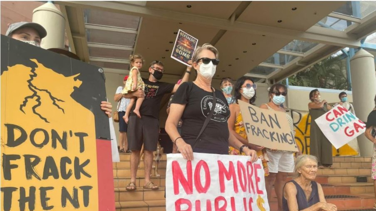 Anti-fracking protesters gathered outside the Double Tree Hilton, Darwin as Resources Minister Keith Pitt announced an exploration grant agreement giving $19.4m to Imperial Oil and Gas on Tuesday, February 22.