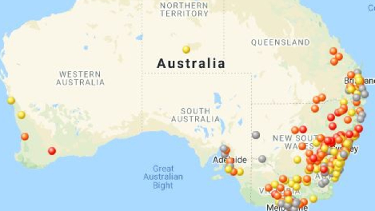 A MouseAlert map showing the extent of the mice plague in May, 2021. Red represents high numbers, orange shows medium numbers, yellow shows low numbers and grey represents none. Picture: MouseAlert https://www.feralscan.org.au/mousealert/