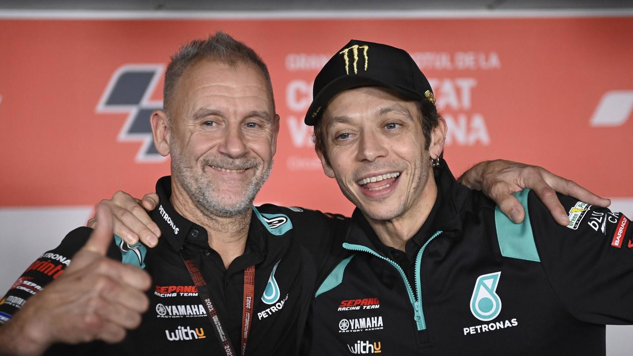 VALENCIA, SPAIN - NOVEMBER 11: Wilko Zeelemberg of Netherland and Petronas Yamaha SRT (L) poses with Valentino Rossi of Italy and Petronas Yamaha SRT  during the "Exceptional press conference with VR46" during the MotoGP of Comunitat Valenciana: Previews at Ricardo Tormo Circuit on November 11, 2021 in Valencia, Spain. (Photo by Mirco Lazzari gp/Getty Images)