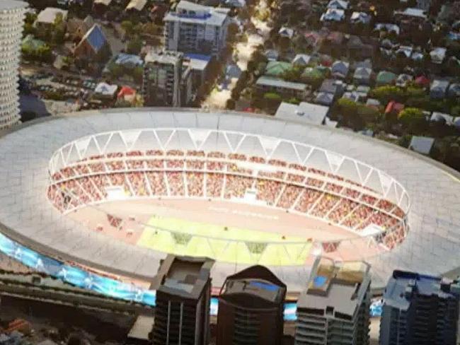 Screen grabs from a digital depiction of how the Gabba will be transformed for the 2032 Olympics in Brisbane.