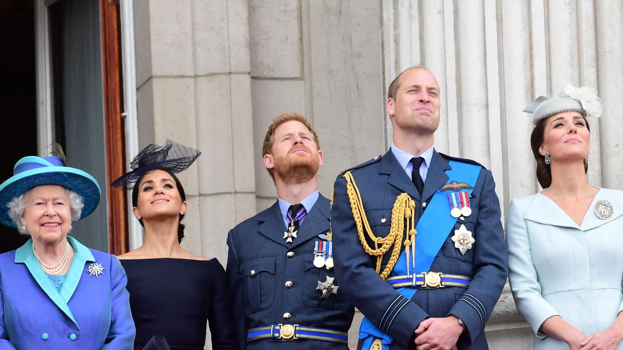 The Queen, Meghan, Prince Harry, Prince William and Kate Middleton. Picture: Paul Grover/AFP