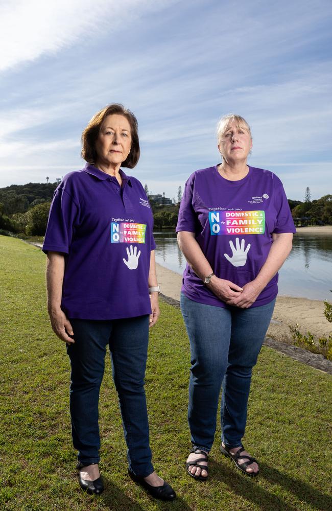 Ballina Mayor Sharon Cadwallader and Jodie Shelley take a stand against domestic violence through the unique campaign Purple Friday. Picture: Luke Marsden.