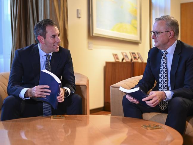 CANBERRA, AUSTRALIA - MAY 8: Prime Minister Anthony Albanese and Treasurer Jim Chalmers in the PM's office at Parliament House in Canberra.. Picture: NCA NewsWire / Martin Ollman