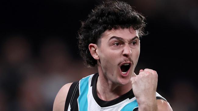 MELBOURNE, JULY 26, 2024: 2024 AFL Football - Round 20 - Carlton Blues V Port Adelaide Power at Marvel Stadium. Darcy Byrne-Jones of the Power celebrates a goal. Picture: Mark Stewart