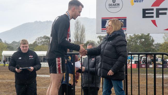 EFNL 2024: South Belgrave's Darcy Walls receives the best-afield medal after the Div 1 reserves GF. Picture: Field of View Photography