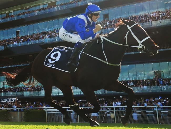 Hugh Bowman on Winx wins the Queen Elizabeth Stakes.