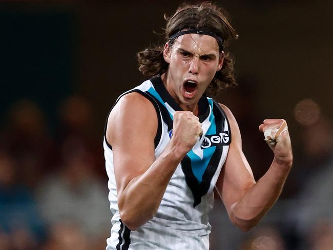 BRISBANE, AUSTRALIA - SEPTEMBER 09: Ollie Lord of the Power celebrates a goal during the 2023 AFL Second Qualifying Final match between the Brisbane Lions and the Port Adelaide Power at The Gabba on September 09, 2023 in Brisbane, Australia. (Photo by Michael Willson/AFL Photos via Getty Images)