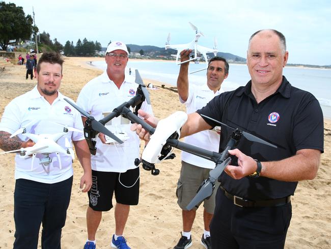 Drone Operators (L-R) James Irwin, Chris Fillingham, Matias Trewhela and Brett Beswick, Surf Life Saving Central Coast are using drones for beach safety. Picture: Mark Scott