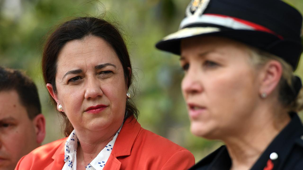 Queensland Premier Annastacia Palaszczuk, with Fire and Emergency Services Commissioner Katerina Carroll, has rejected accusations vegetation management laws were responsible for the fires. Picture: Dan Peled/AAP