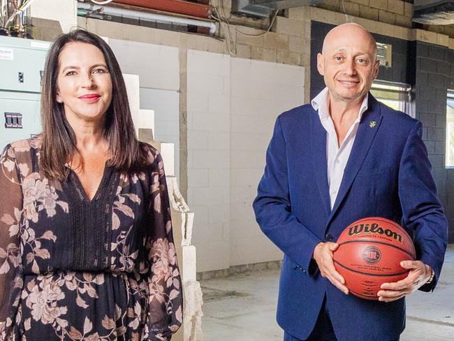 Sports Minister, Jane Howlett, Chairman of the Tasmania JackJumpers Larry Kestelman, Tasmanian Premier Peter Gutwein and JackJumpers CEO Simon Brookhouse, inspect the Derwent Entertainment Centre. Picture: RICHARD JUPE