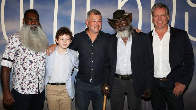 Storm Boy Premiere in South Australian Trevor Jamieson (Fingerbone Bill), Finn Little (Storm Boy), Director Shawn Seet with the original Fingerbone Bill - David Gulpilil and Erik Thompson (Malcolm Downer) reunite to celebrate the South Australian Premiere of STORM BOY at Wallis Mitcham Cinemas. (AAP/Emma Brasier)