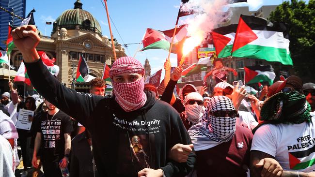 Demonstrators during a pro-Palestine rally in Melbourne on Sunday. Picture: NCA NewsWire /Brendan Beckett